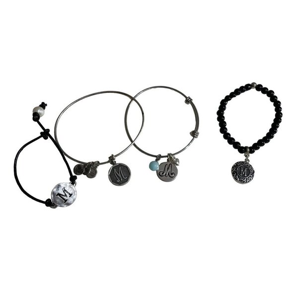 4 Monogramed "M" Bracelets Adjustable Bangle Stackable Silver Tone - Picture 1 of 7